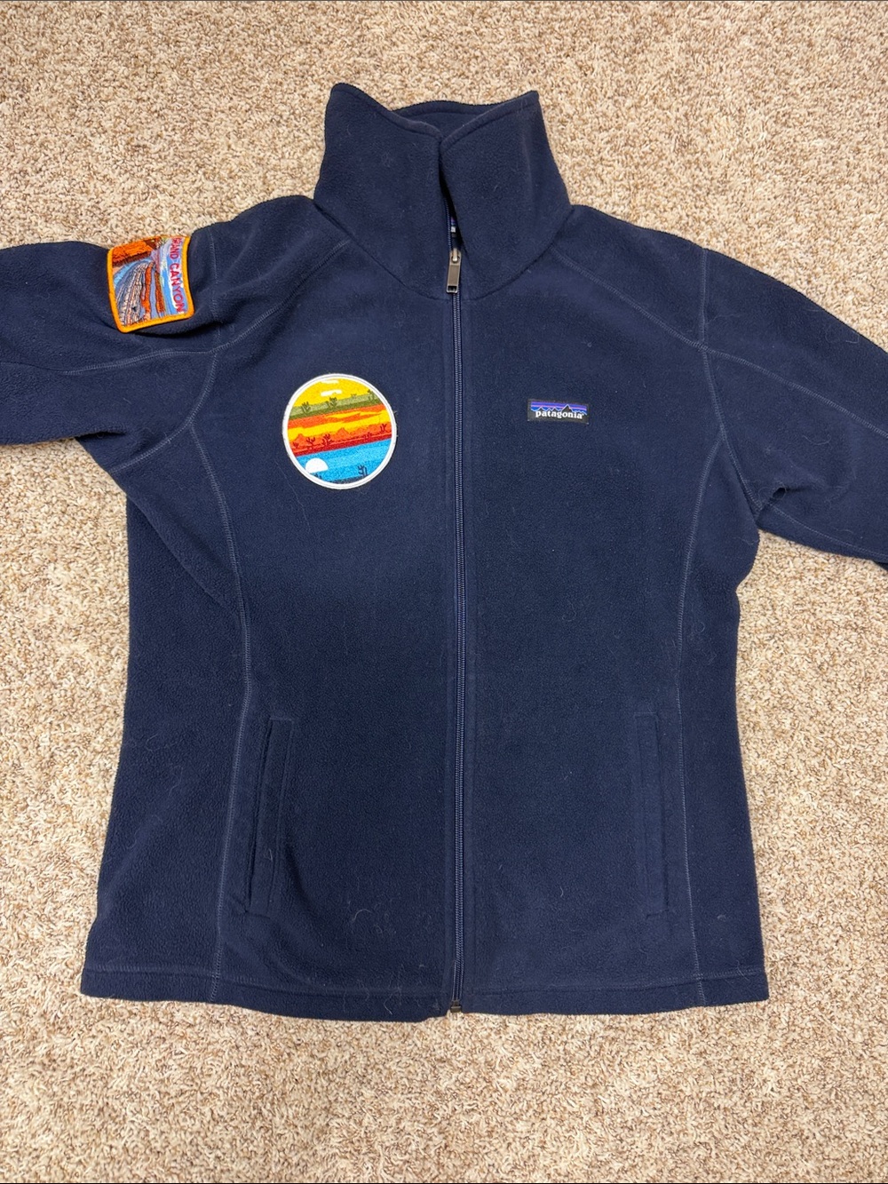 Patagonia Navy Full-Zip Fleece Jacket with Colorful Patch Accents